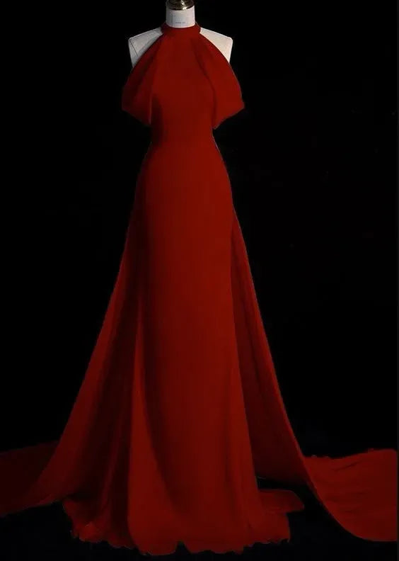 Regal Chiffon Long Evening Dress Red Halter-Neck Cape-Train for Women