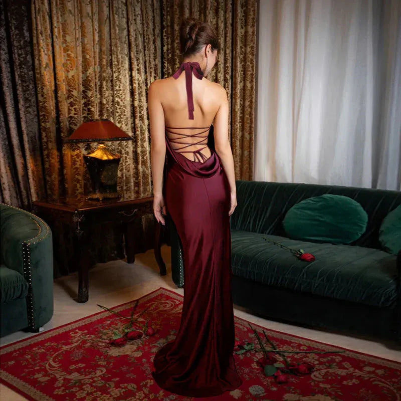 Regal Mermaid Halter Cowl Back Satin Burgundy Floor-Length Prom Dress Buy