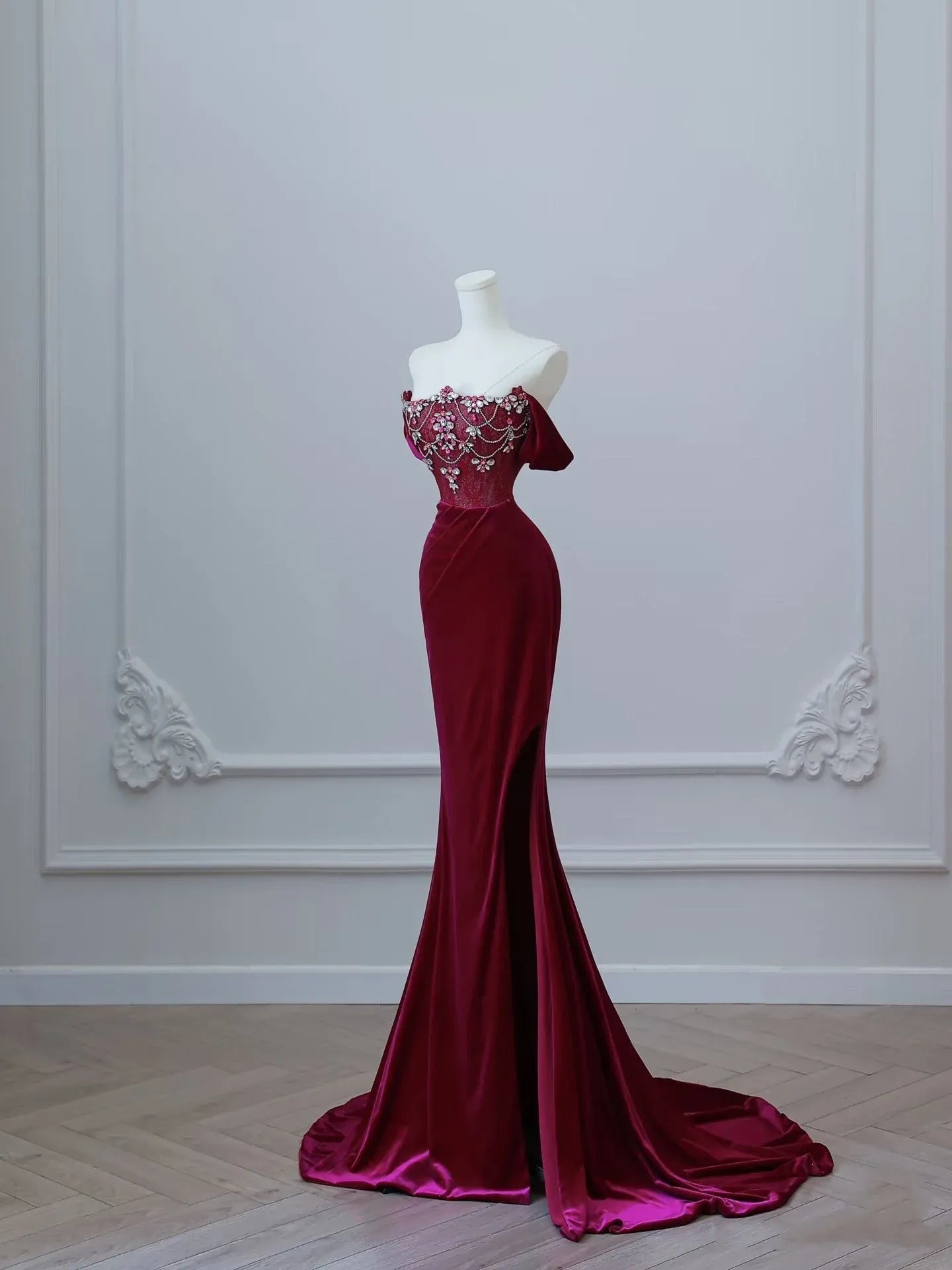 Regal Mermaid Off-Shoulder Beaded Burgundy Long Prom Dress for Women Ready to Ship