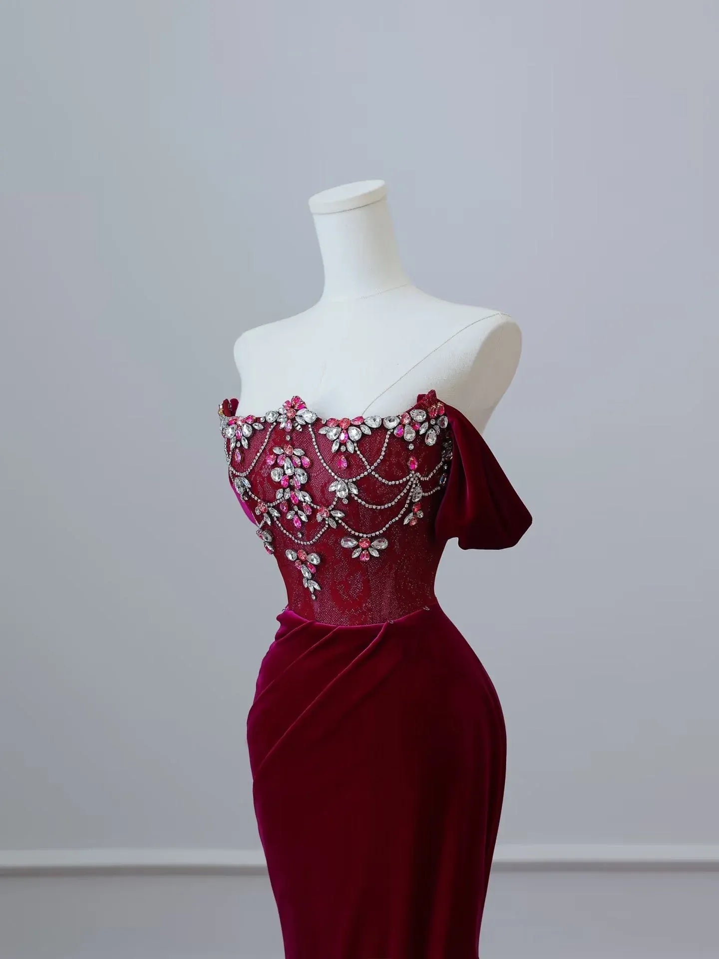 Regal Mermaid Off-Shoulder Beaded Burgundy Long Prom Dress for Women Ready to Ship