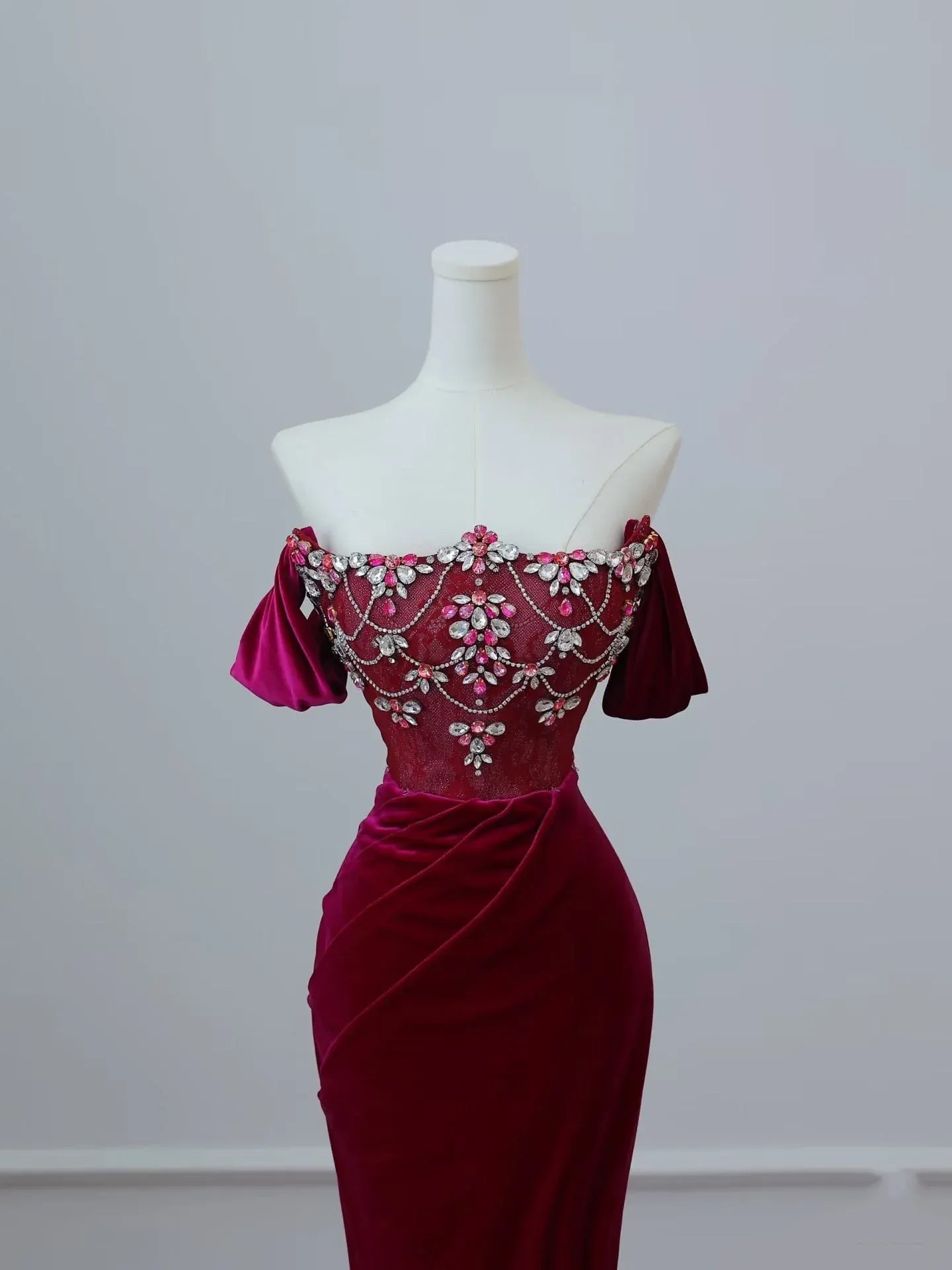 Regal Mermaid Off-Shoulder Beaded Burgundy Long Prom Dress for Women Ready to Ship