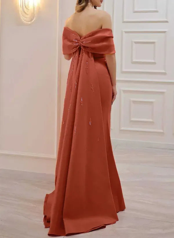 Regal Mermaid Off-Shoulder Bow Cape Satin Vermilion Floor-Length Prom Dress With Beaded