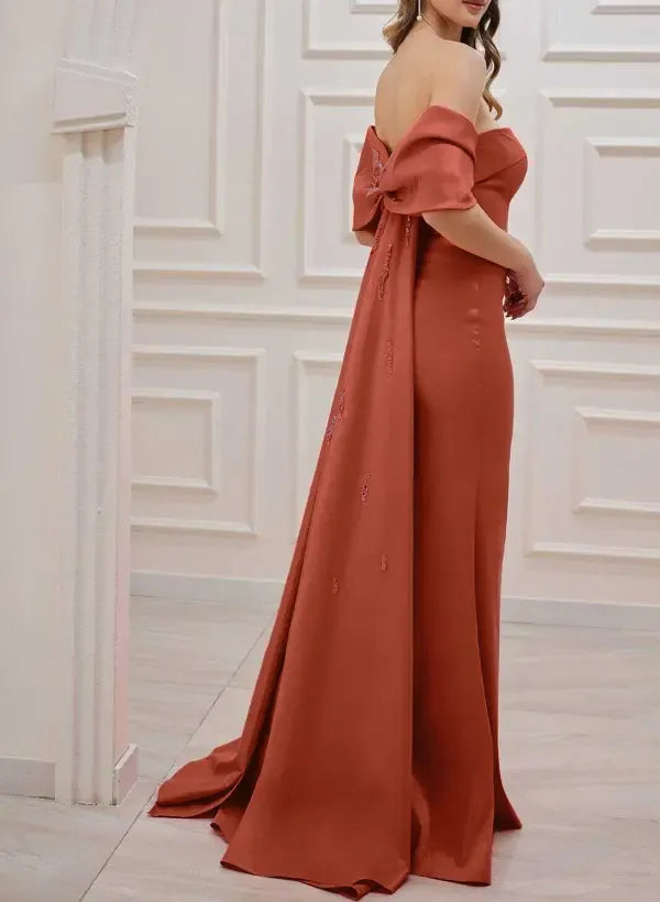 Regal Mermaid Off-Shoulder Bow Cape Satin Vermilion Floor-Length Prom Dress With Beaded