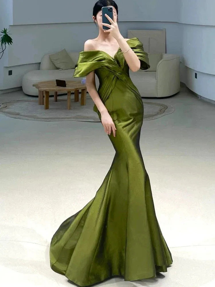 Regal Mermaid Off-Shoulder Ruched Olive Green Long Prom Dress for Women Ready to Ship