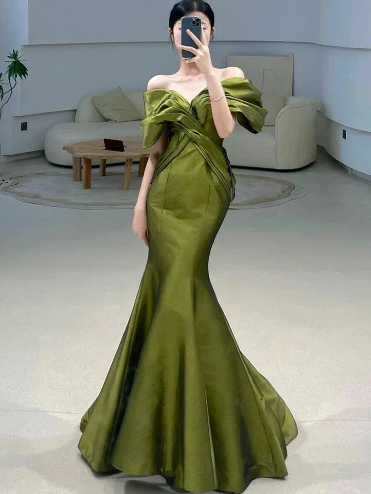 Regal Mermaid Off-Shoulder Ruched Olive Green Long Prom Dress for Women Ready to Ship