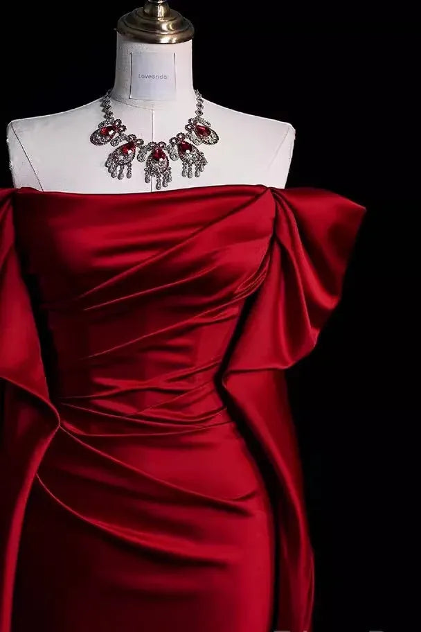Regal Mermaid Off-the-Shoulder Long-Sleeve Bow Red Train Prom Dress for Women Custom