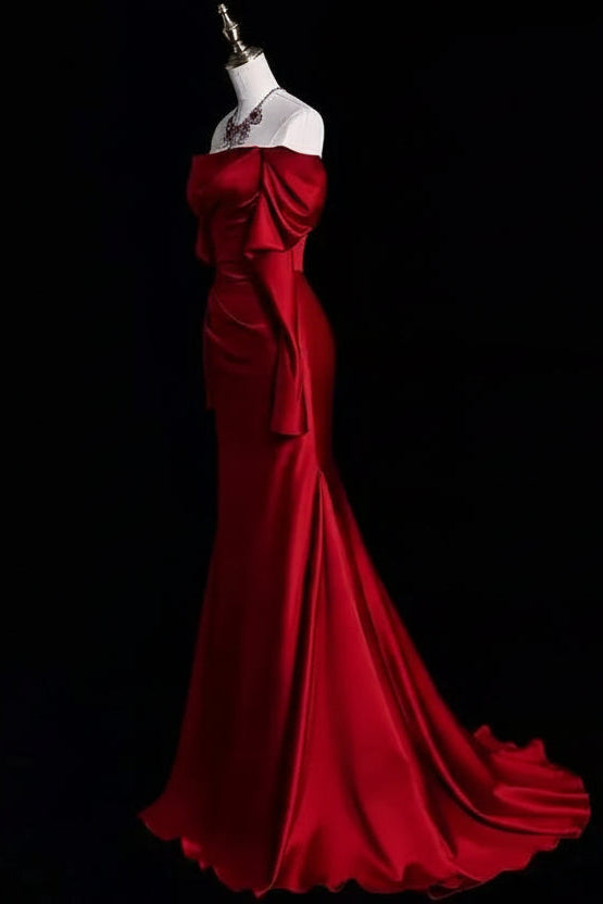 Regal Mermaid Off-the-Shoulder Long-Sleeve Bow Red Train Prom Dress for Women Custom