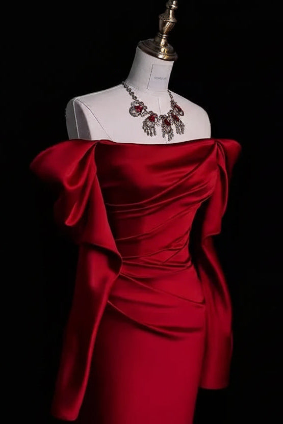 Regal Mermaid Off-the-Shoulder Long-Sleeve Bow Red Train Prom Dress for Women Custom
