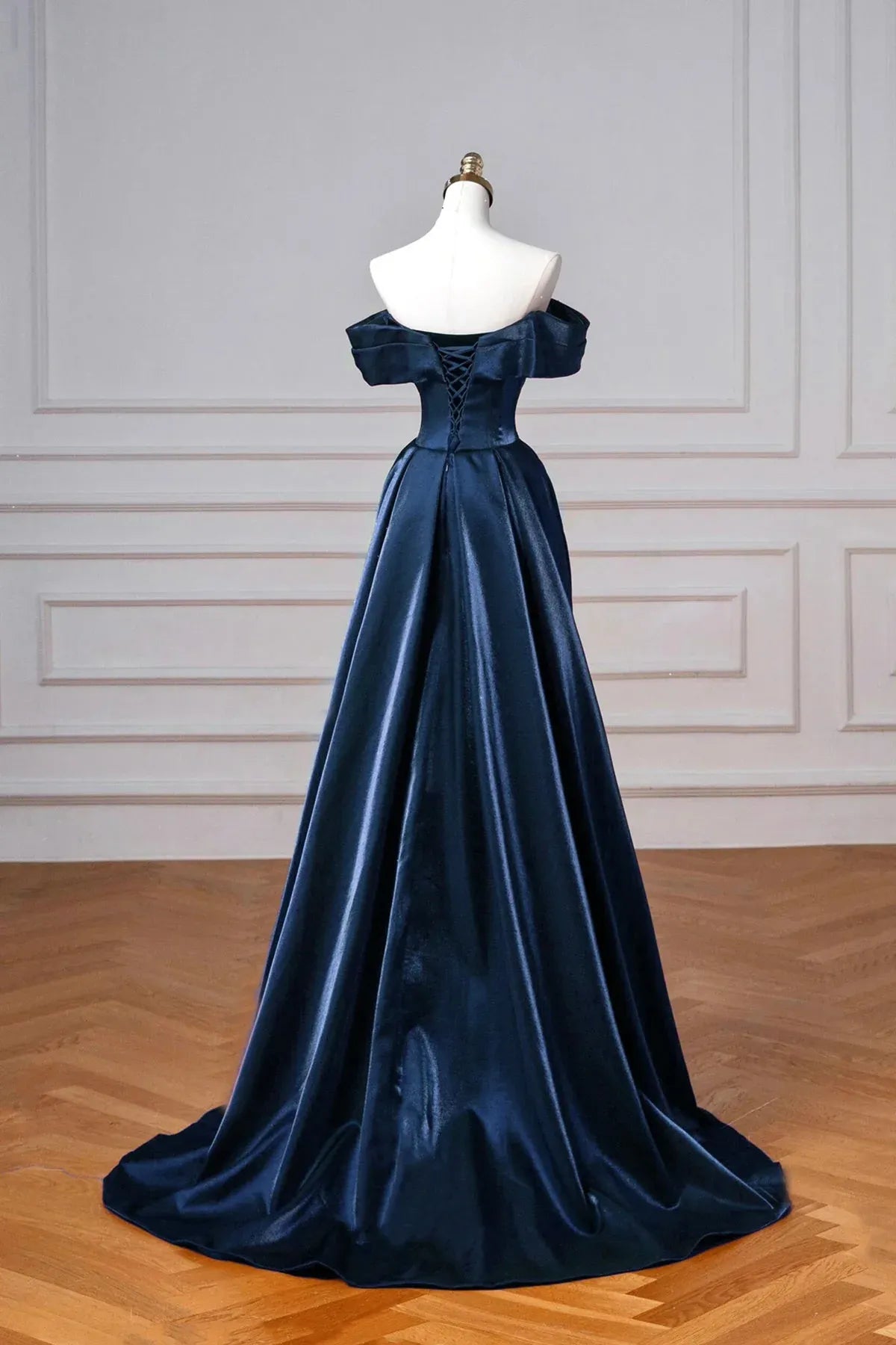 Regal Mermaid Off-the-Shoulder Sleeveless Lace-Up Satin Navy Maxi Prom Dress