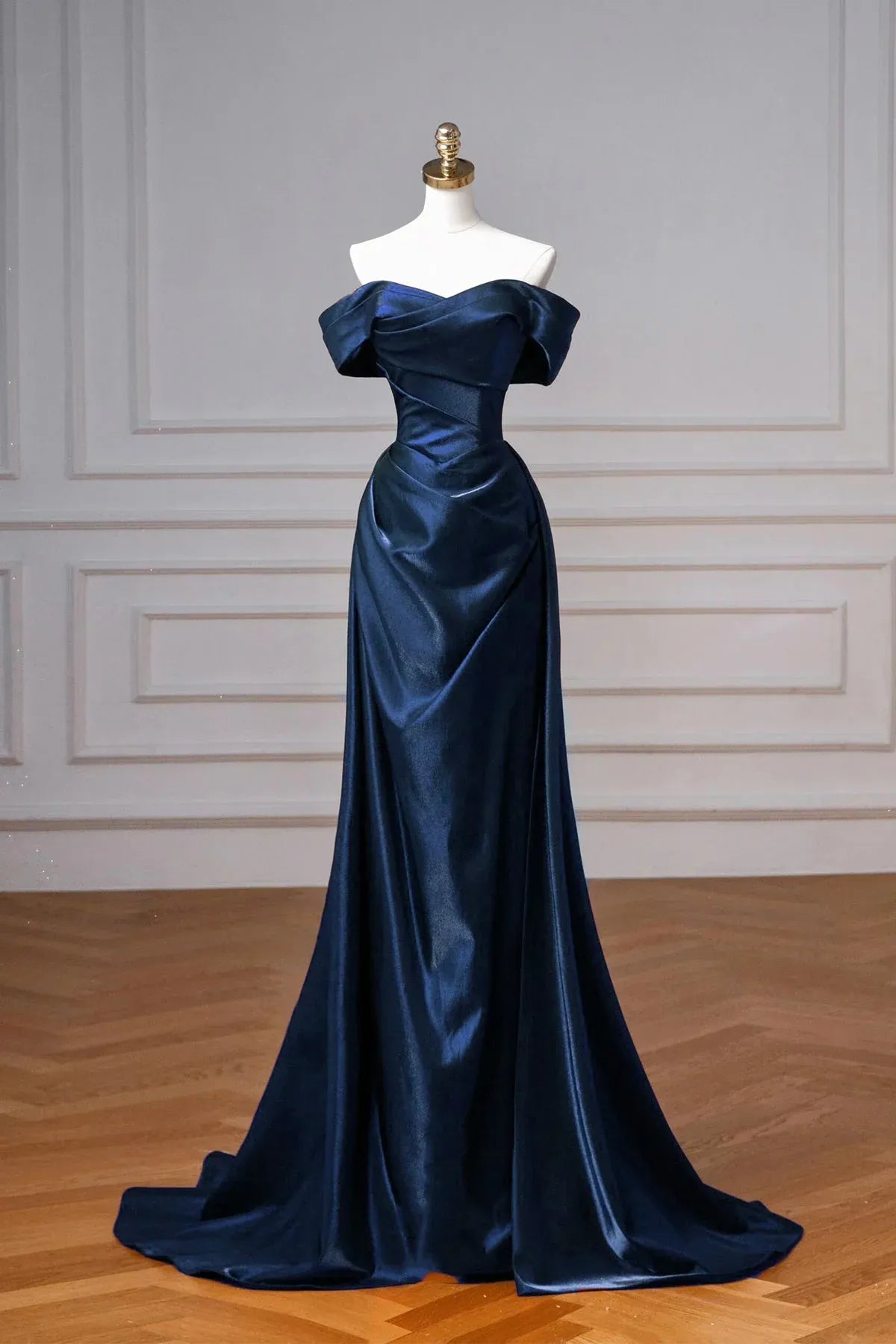 Regal Mermaid Off-the-Shoulder Sleeveless Lace-Up Satin Navy Maxi Prom Dress