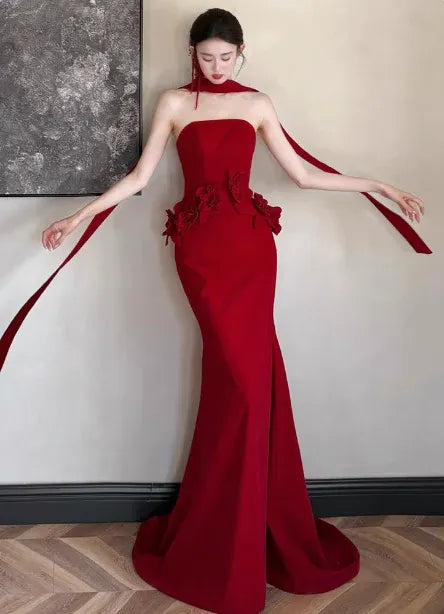 Regal Mermaid Sweetheart Sleeveless Flower-Accent Red Long Prom Dress for Women Ready to Ship