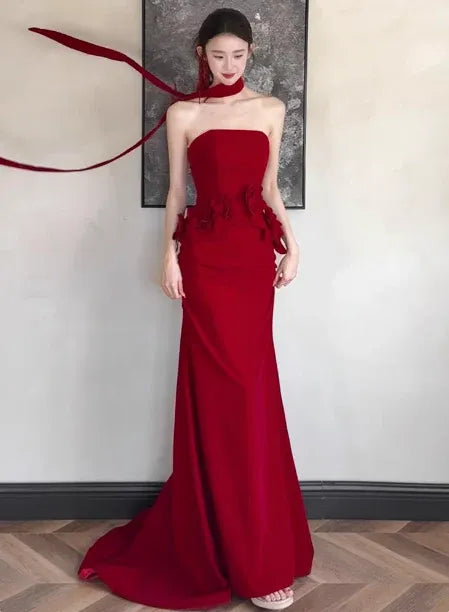 Regal Mermaid Sweetheart Sleeveless Flower-Accent Red Long Prom Dress for Women Ready to Ship