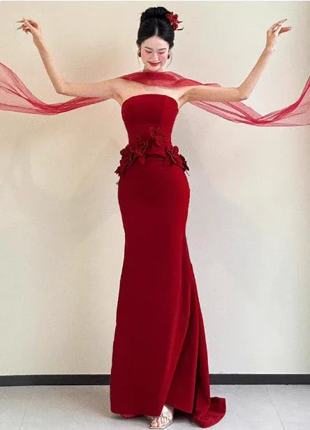 Regal Mermaid Sweetheart Sleeveless Flower-Accent Red Long Prom Dress for Women Ready to Ship