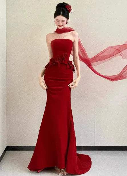 Regal Mermaid Sweetheart Sleeveless Flower-Accent Red Long Prom Dress for Women Ready to Ship
