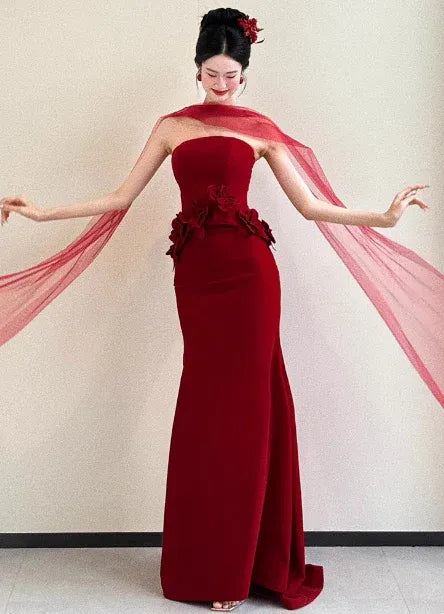 Regal Mermaid Sweetheart Sleeveless Flower-Accent Red Long Prom Dress for Women Ready to Ship