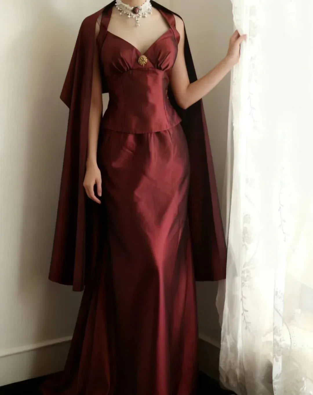 Regal Mermaid V-Neck Sleeveless Cape-Accent Burgundy Long Prom Dress for Women Ready to Ship