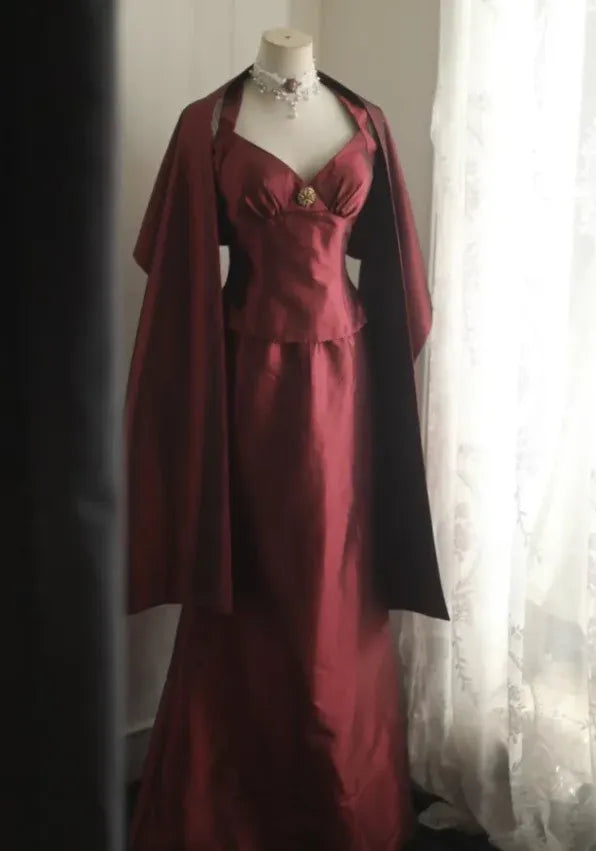 Regal Mermaid V-Neck Sleeveless Cape-Accent Burgundy Long Prom Dress for Women Ready to Ship