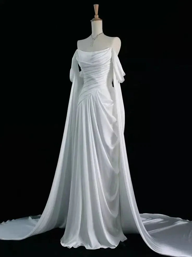 Regal Satin Floor-Length Evening Dress White Off-Shoulder Cape-Sleeve for Women