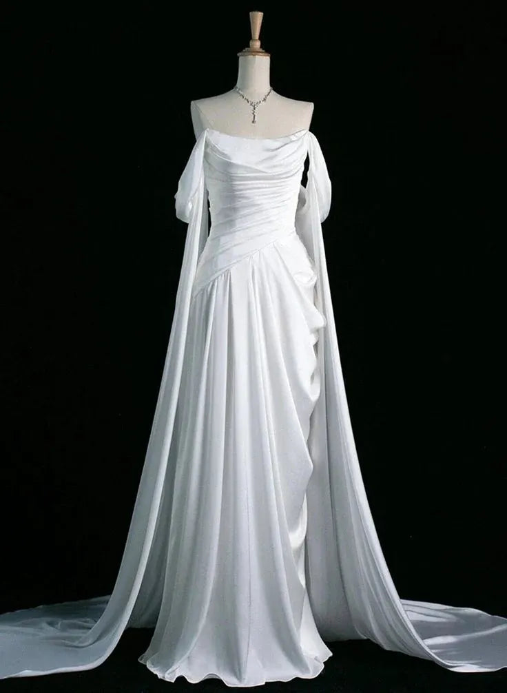 Regal Satin Floor-Length Evening Dress White Off-Shoulder Cape-Sleeve for Women
