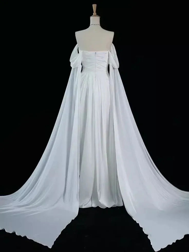 Regal Satin Floor-Length Evening Dress White Off-Shoulder Cape-Sleeve for Women