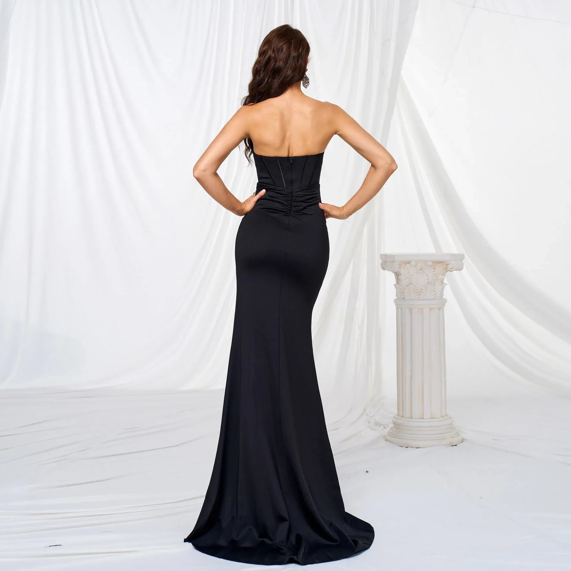Regal Satin Long Evening Dress Black Strapless Slit for Women