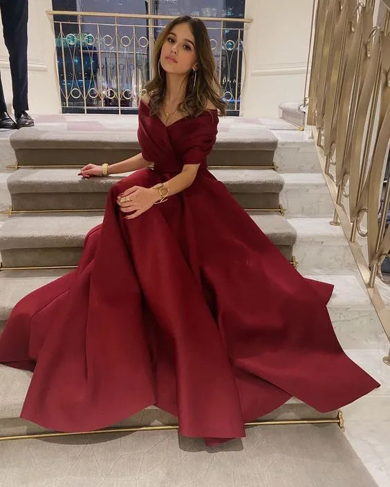 Regal Satin Long Evening Dress Burgundy Off-Shoulder Midi-Sleeve for Women