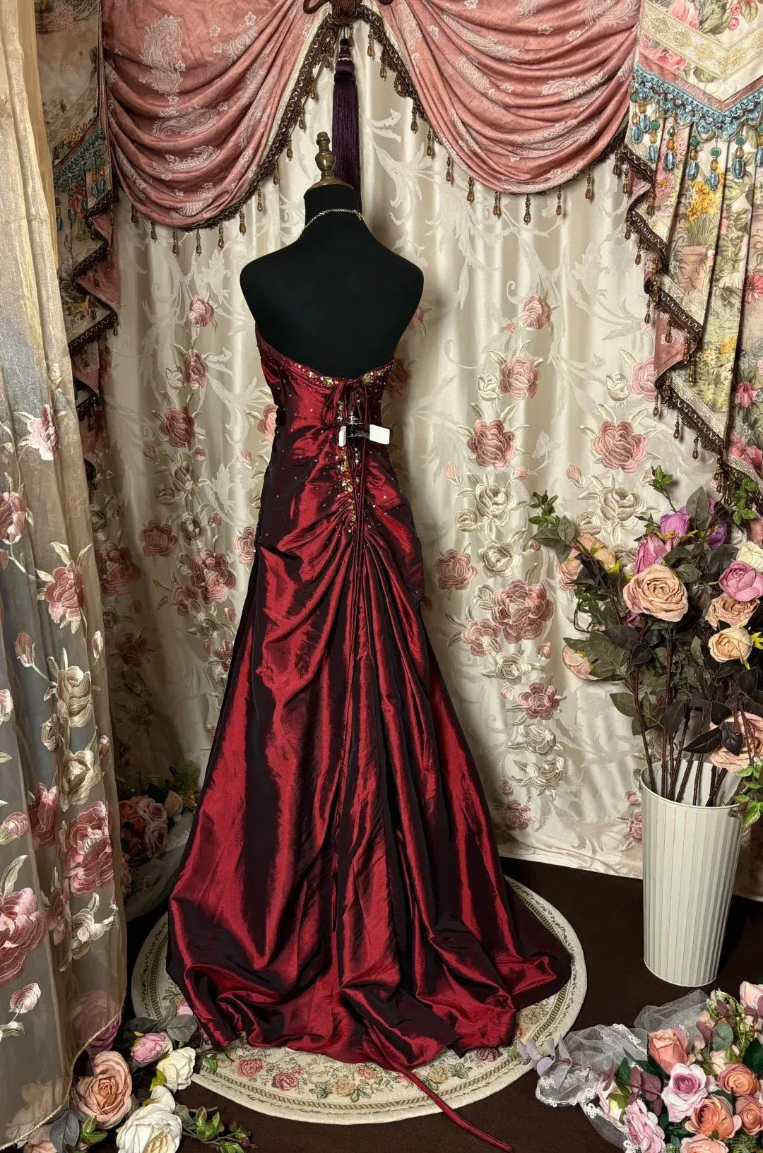 Regal Satin Long Evening Dress Burgundy Strapless Beaded-Accent for Women