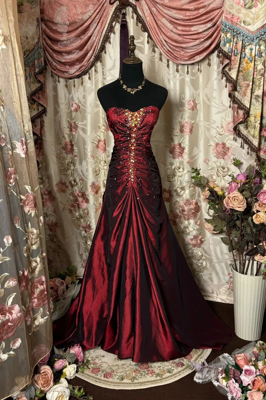 Regal Satin Long Evening Dress Burgundy Strapless Beaded-Accent for Women