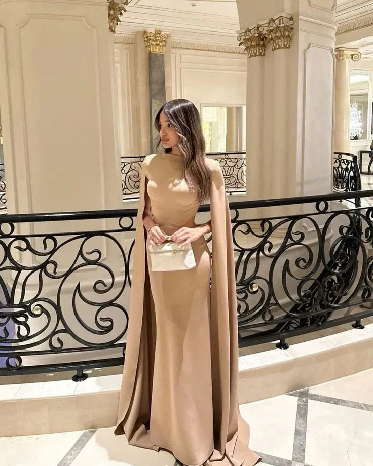 Regal Satin Long Evening Dress Camel High-Neck Cape-Sleeve for Women