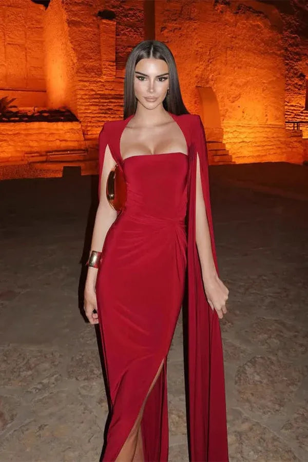Regal Satin Long Evening Dress Red Strapless Cape-Sleeve Party Gown for Women