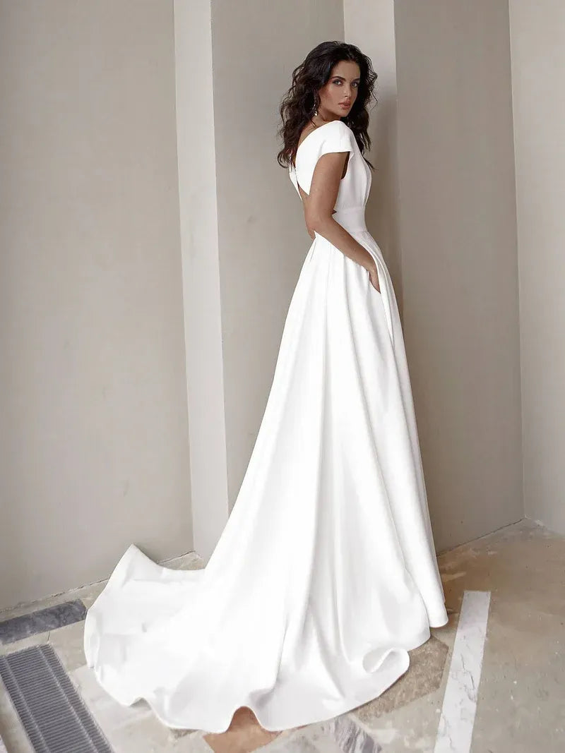 Regal Satin Long Evening Dress White Off-Shoulder Short-Sleeve Party Gown for Women