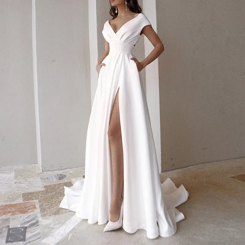 Regal Satin Long Evening Dress White Off-Shoulder Short-Sleeve Party Gown for Women