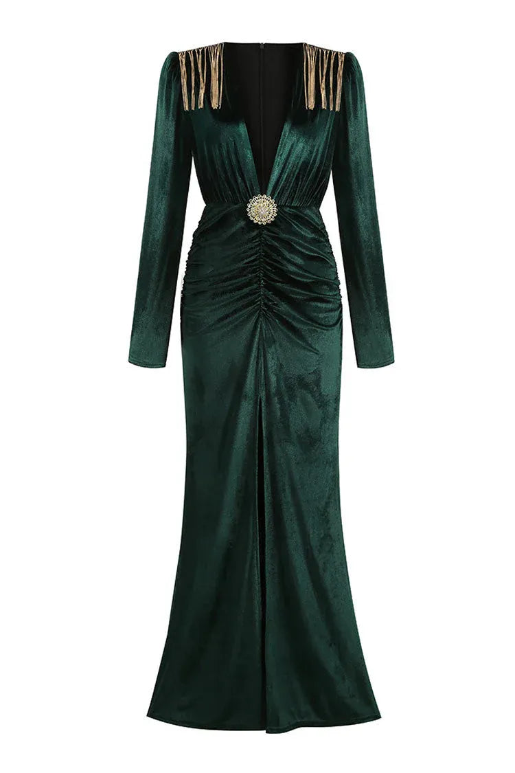 Regal Sheath Deep V Long-Sleeve Embellished Velvet Emerald Green Maxi Evening Dress for Women