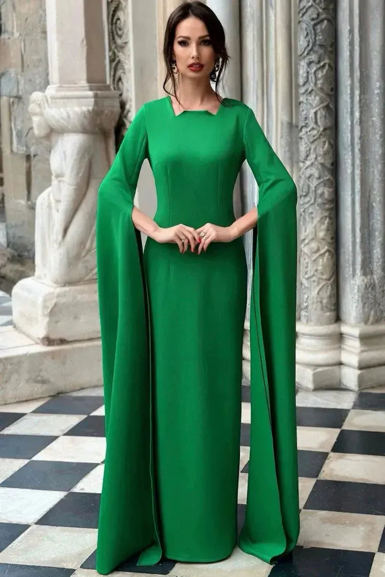 Regal Sheath Square-Neck Cape-Sleeve Satin Emerald Floor-Length Evening Dress for Women
