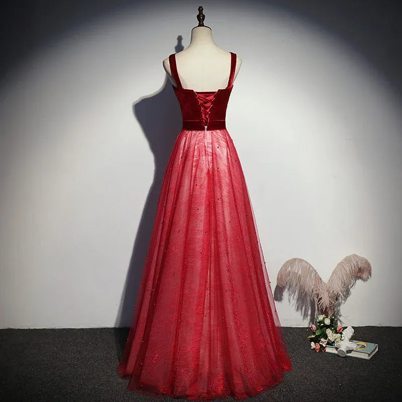 Regal Velvet-Tulle Long Evening Dress Burgundy Heart-Neck Spaghetti-Strap for Women