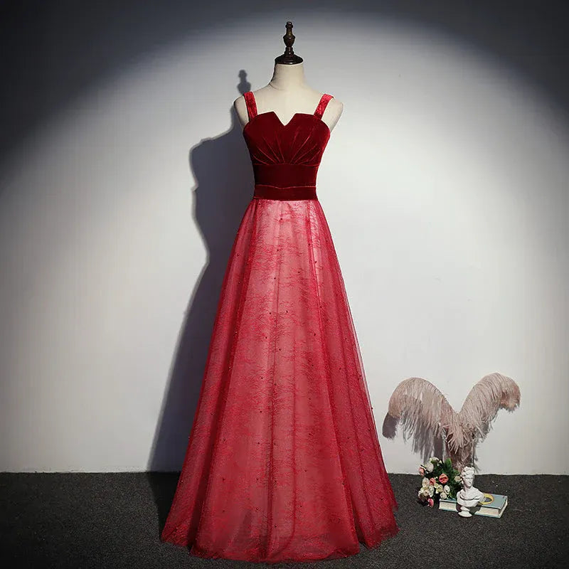 Regal Velvet-Tulle Long Evening Dress Burgundy Heart-Neck Spaghetti-Strap for Women