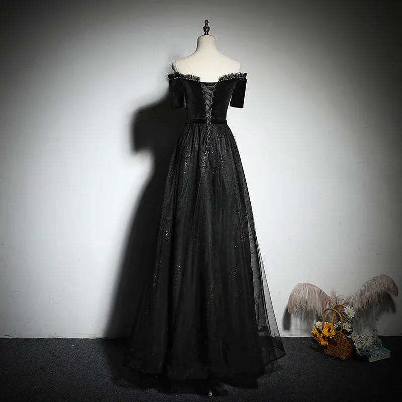 Regal Velvet-Tulle Maxi Evening Dress Black Off-Shoulder Short Sleeves for Women