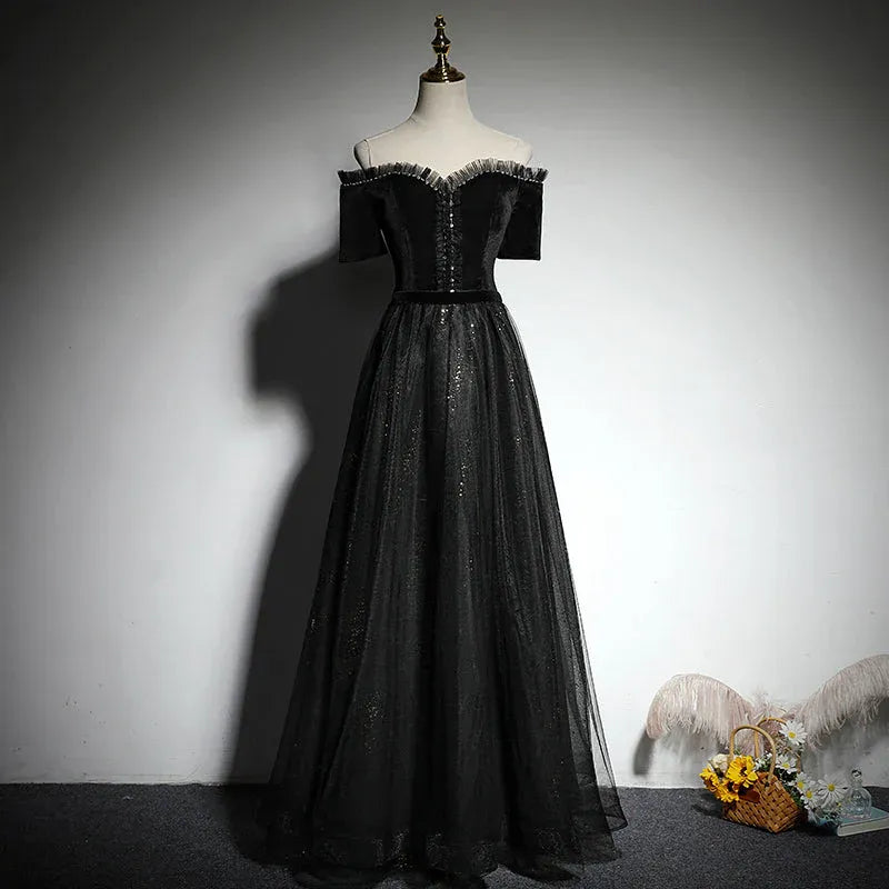 Regal Velvet-Tulle Maxi Evening Dress Black Off-Shoulder Short Sleeves for Women