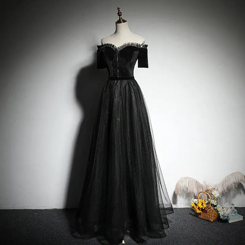 Regal Velvet-Tulle Maxi Evening Dress Black Off-Shoulder Short Sleeves for Women
