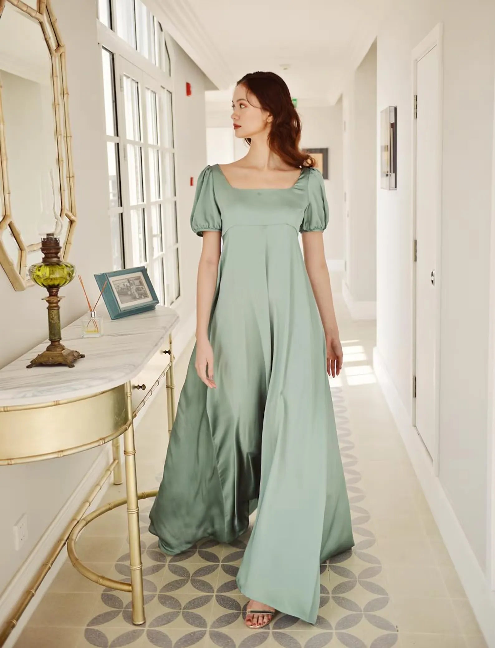 Regency A-Line Square-Neck Puffed-Sleeve Sage Green Floor-Length Prom Dress