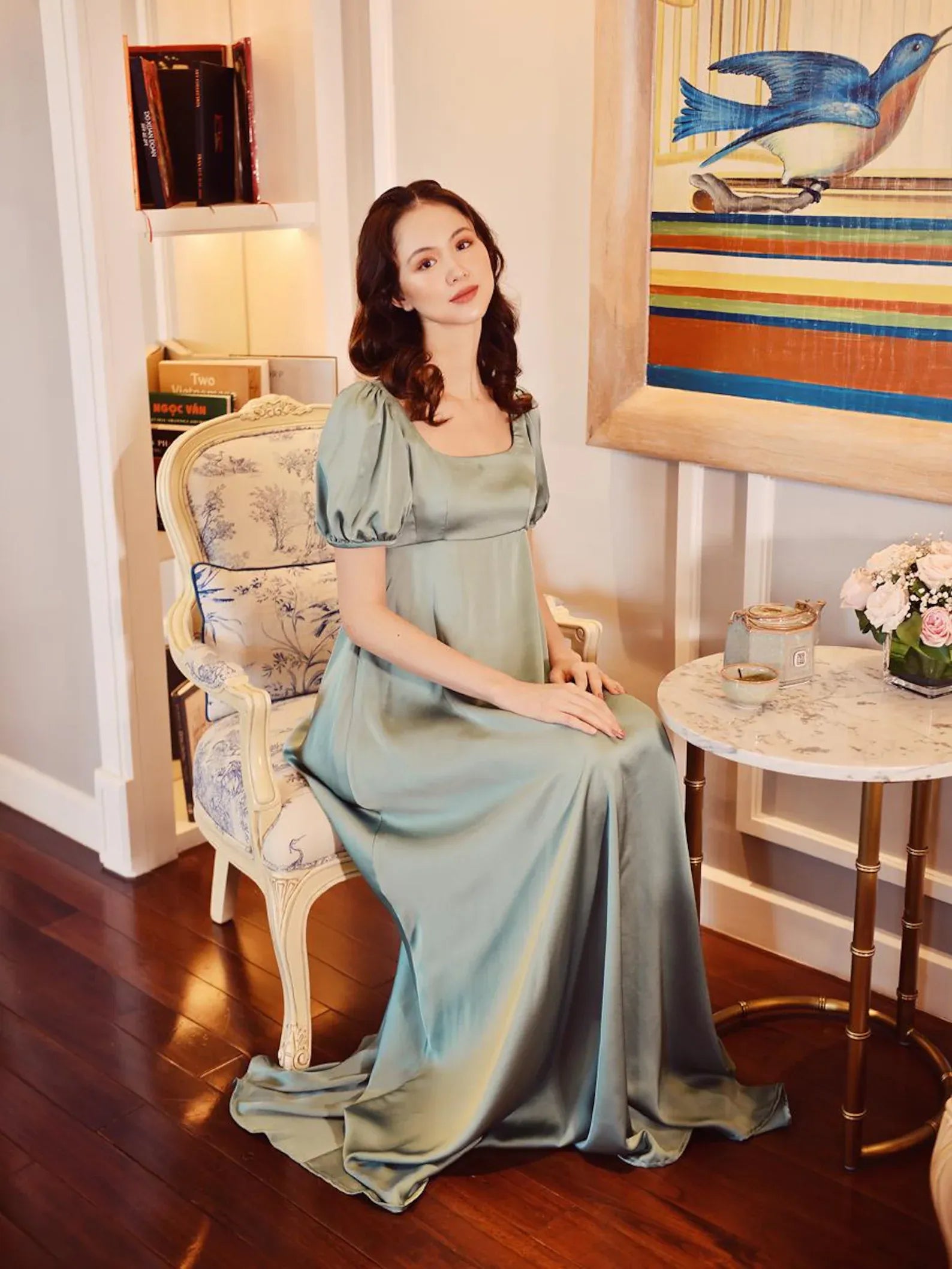 Regency A-Line Square-Neck Puffed-Sleeve Sage Green Floor-Length Prom Dress