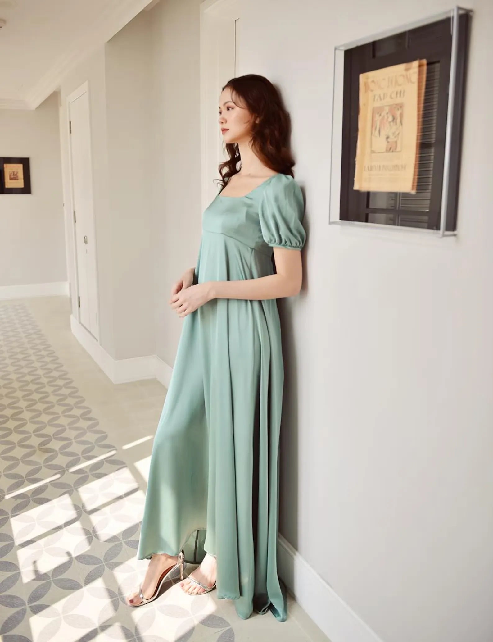Regency A-Line Square-Neck Puffed-Sleeve Sage Green Floor-Length Prom Dress