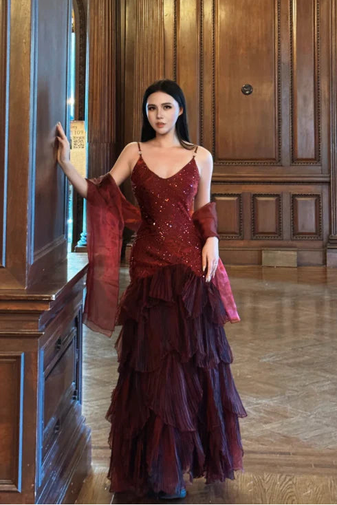 Retro A-line Spaghetti Strap Burgundy Long Evening Dresses With Beaded