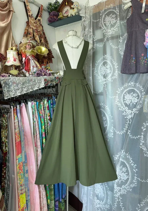 Retro A-line Square Neck Sleeveless Button-embellished Olive Green Midi Prom Dress for Women Ready to Ship