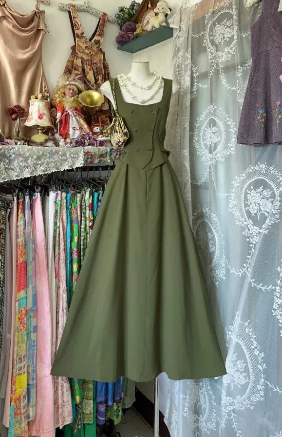 Retro A-line Square Neck Sleeveless Button-embellished Olive Green Midi Prom Dress for Women Ready to Ship