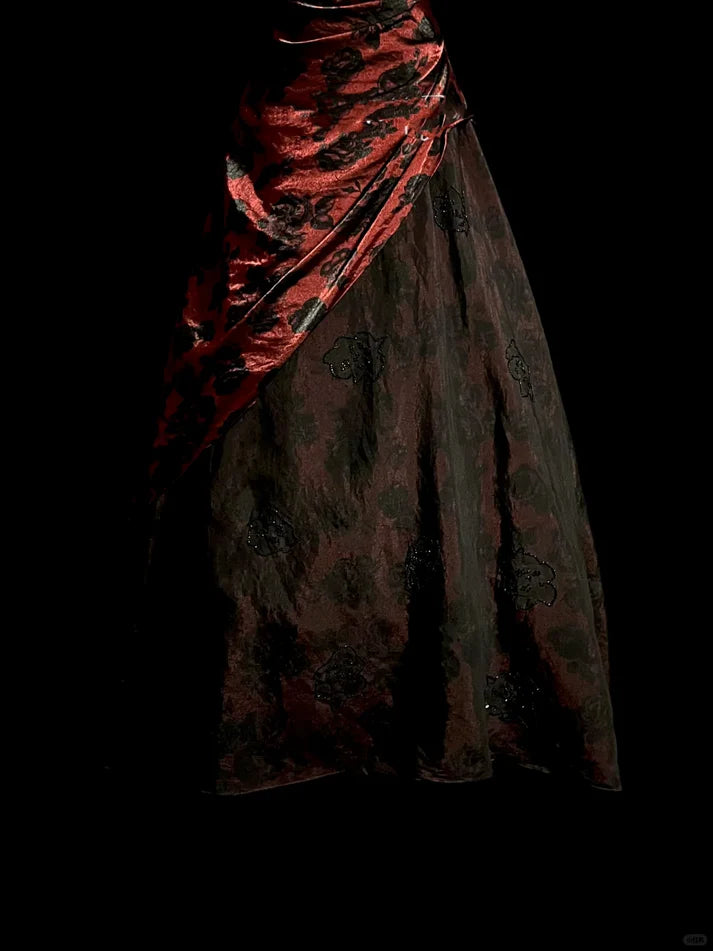Retro Ball Gown Strapless Floral Tulle Burgundy Long Prom Dress Evening Dress