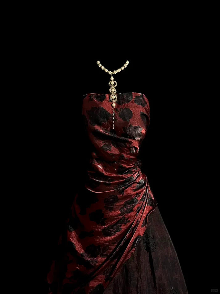 Retro Ball Gown Strapless Floral Tulle Burgundy Long Prom Dress Evening Dress