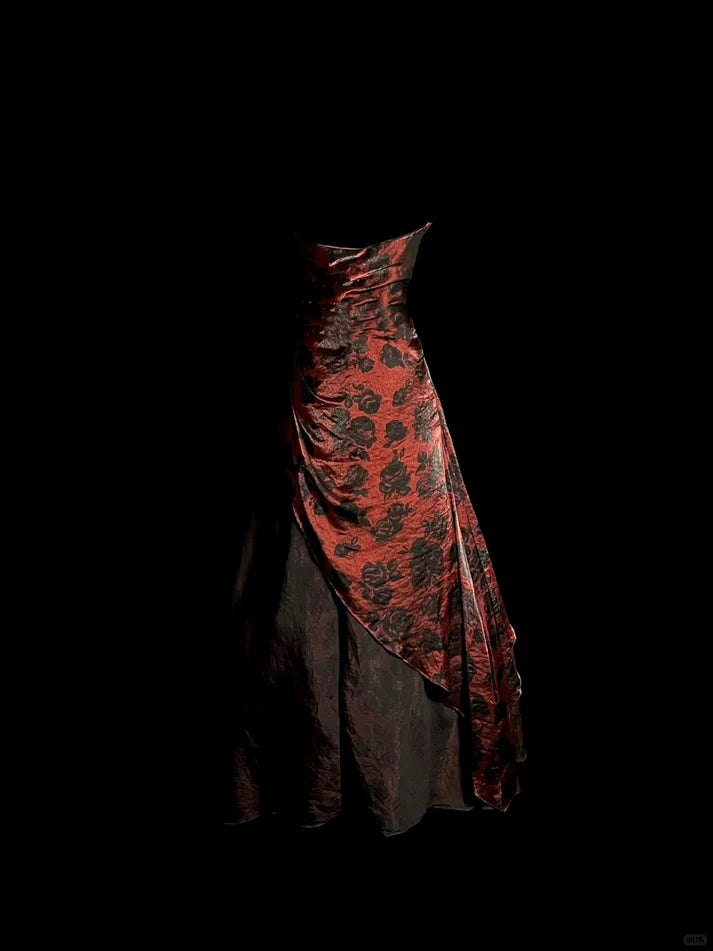 Retro Ball Gown Strapless Floral Tulle Burgundy Long Prom Dress Evening Dress