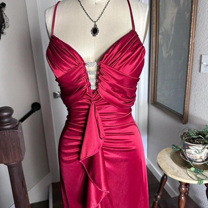 Retro Mermaid Spaghetti Straps Ruffle Rhinestone Red Long Party Dress
