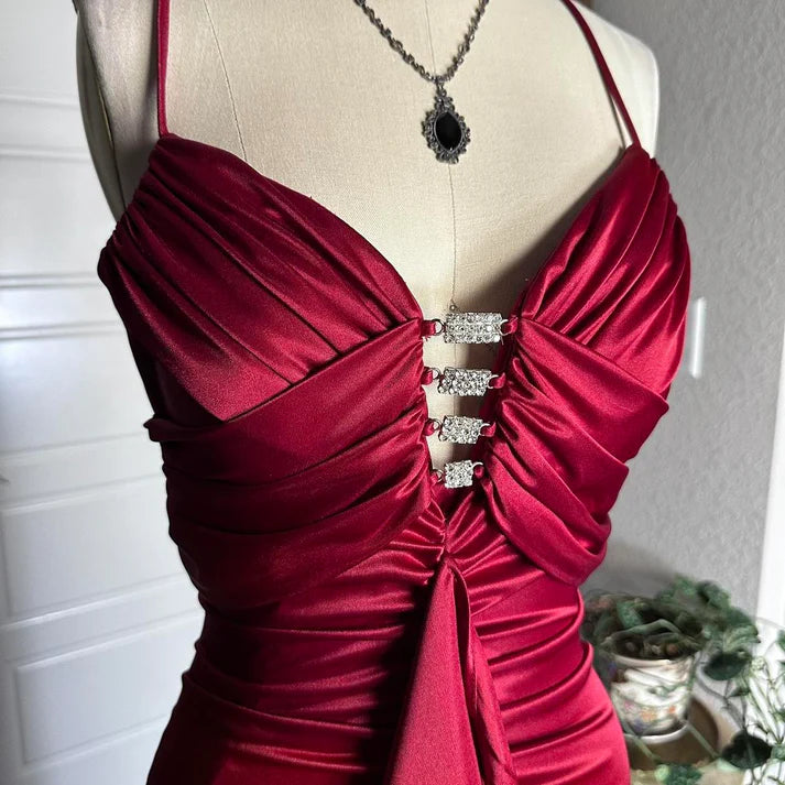 Retro Mermaid Spaghetti Straps Ruffle Rhinestone Red Long Party Dress